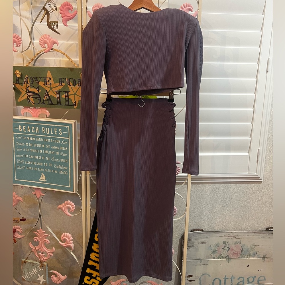 NBD Purple Long Sleeve Shoulder Pad Top and Fitted Midi Skirt